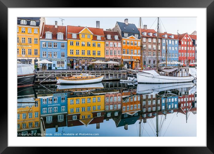 Reflections of colourful houses in the water of Ny Framed Mounted Print by Stig Alenäs