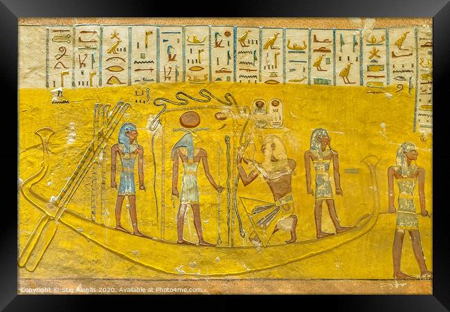 Ancient mural of an egyptian boat in the interior of a tomb in the valley of the kings Framed Print by Stig Alenäs