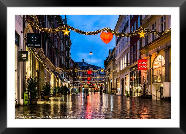 Christmas shopping street at night in Copenhagen Framed Mounted Print by Stig Alenäs