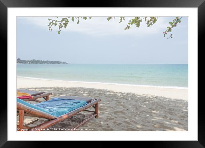 Two sunbeds on a white bounty beach Framed Mounted Print by Stig Alenäs