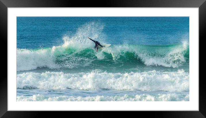 Surfer riding crest of wave, Fistral, Newquay, Cor Framed Mounted Print by Mick Blakey