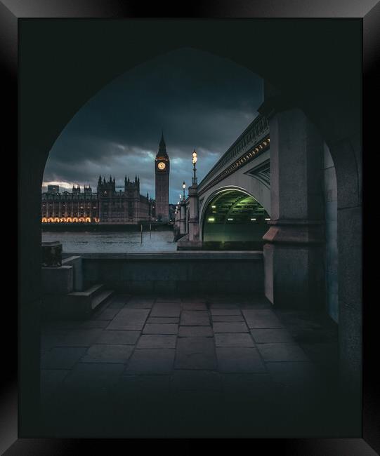 Houses of Parliament, Westminster Bridge, Twilight Framed Print by Mark Jones