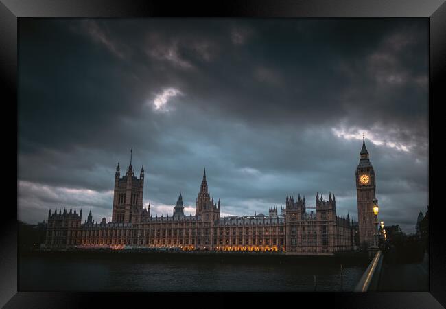Houses of Parliament, Westminster Bridge, Twilight Framed Print by Mark Jones