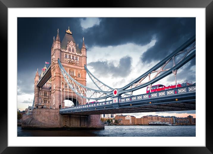 Tower Bridge with Red Bus Framed Mounted Print by Mark Jones