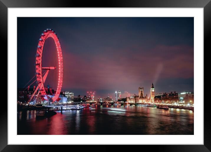 London Eye and Big Ben at Night Framed Mounted Print by Mark Jones