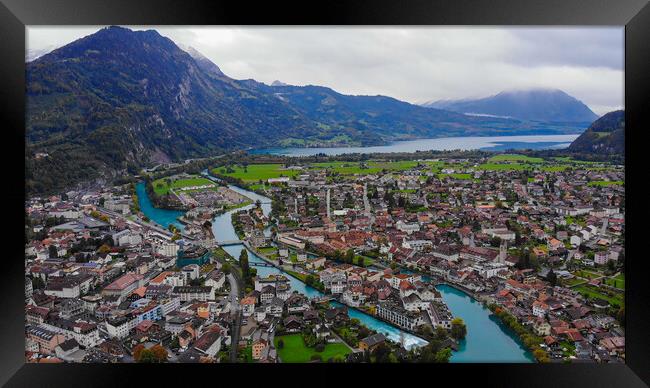 Aerial view over the city of Interlaken in Switzerland Framed Print by Erik Lattwein