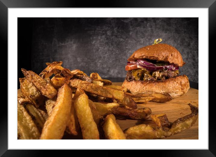 Delicious Cheeseburger with French fries Framed Mounted Print by Erik Lattwein