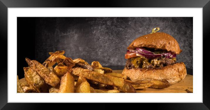 Delicious Cheeseburger with French fries Framed Mounted Print by Erik Lattwein