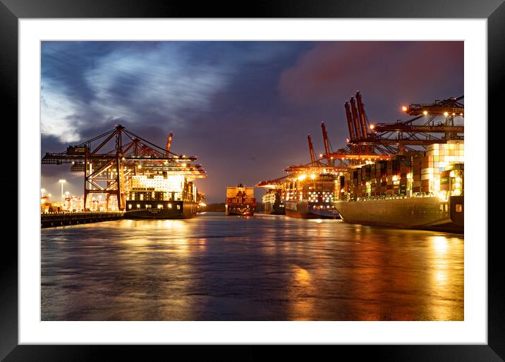 Port of Hamburg with its huge container terminals by night - CIT Framed Mounted Print by Erik Lattwein