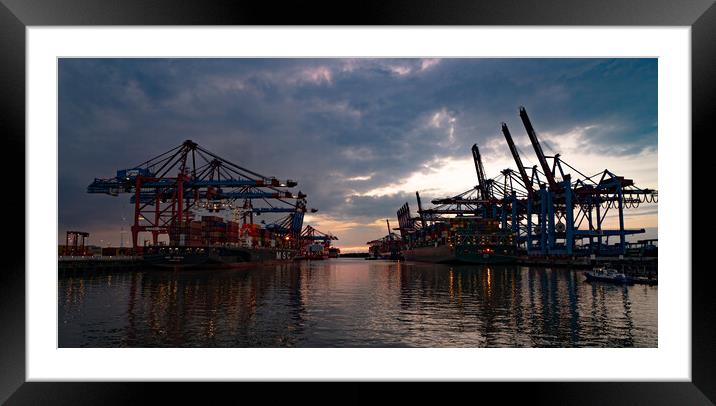 Port of Hamburg with its huge container terminals by night - CITY OF HAMBURG, GERMANY - MAY 10, 2021 Framed Mounted Print by Erik Lattwein