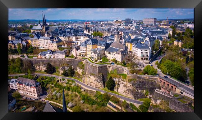Aerial view over the city of Luxemburg with its beautiful old town district Framed Print by Erik Lattwein