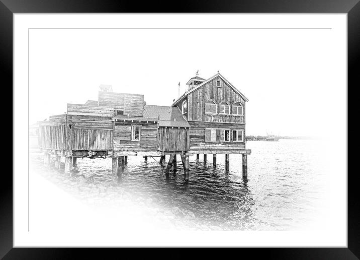 Old wooden house at the oceanfront of San Diego Seaport Village Framed Mounted Print by Erik Lattwein