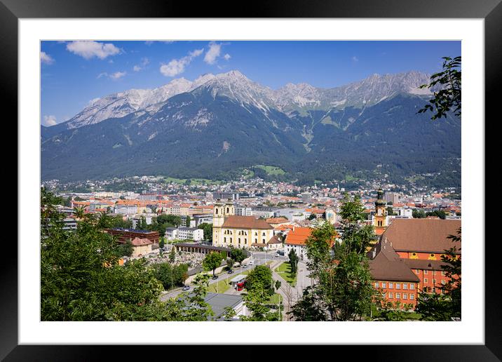 Aerial view over the city of Innsbruck in Austria Framed Mounted Print by Erik Lattwein