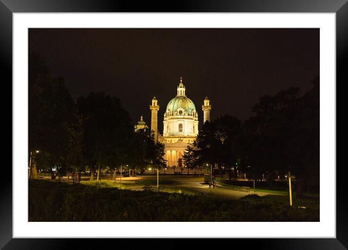 Famous Karls Chruch in Vienna at night Framed Mounted Print by Erik Lattwein