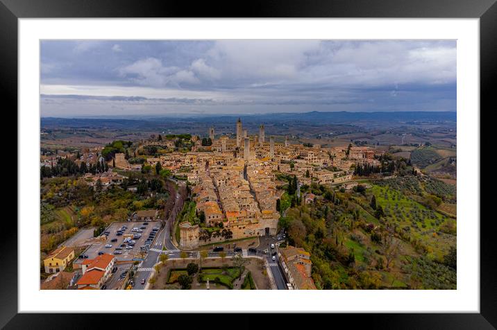 Village of San Gigmignano in Tuscany Italy - aerial view Framed Mounted Print by Erik Lattwein