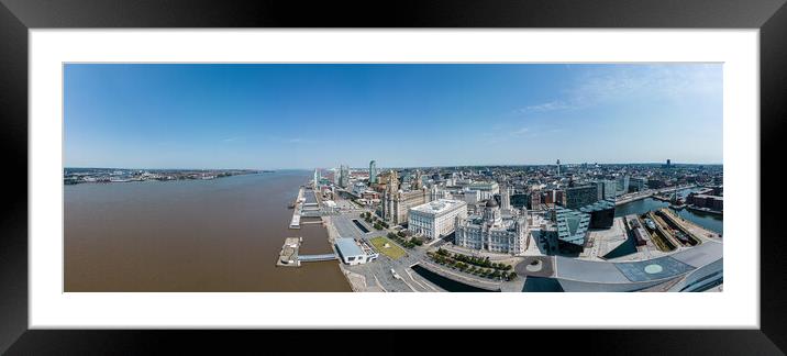 Panoramic aerial view over the city of Liverpool and Mersey River Framed Mounted Print by Erik Lattwein