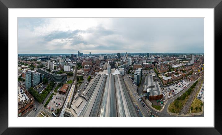 Panoramic aerial view over Manchester and Piccadilly station Framed Mounted Print by Erik Lattwein