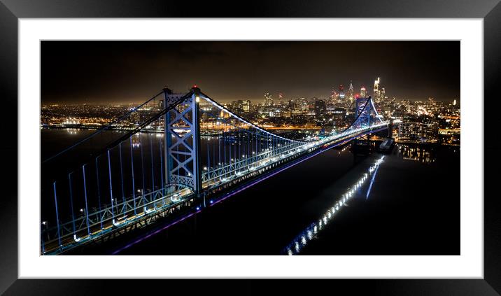 Aerial view over Philadelphia and Ben Franklin Bridge at night - travel photography Framed Mounted Print by Erik Lattwein