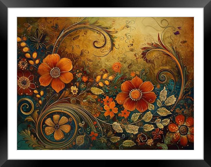 Golden flowers in an abstract pattern Framed Mounted Print by Erik Lattwein