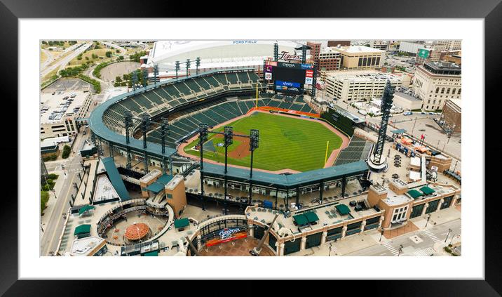 Comerica Baseball Stadium in Detroit aerial view - home of the Detroit Tigers - DETROIT, USA - JUNE 13, 2023 Framed Mounted Print by Erik Lattwein