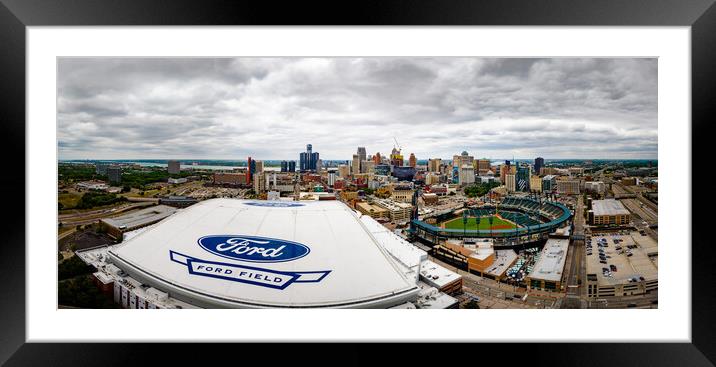 Ford Field and Comerica Park in the city of Detroit - aerial view - DETROIT, USA - JUNE 13, 2023 Framed Mounted Print by Erik Lattwein