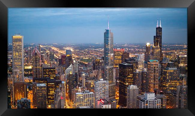 Chicago from above - amazing aerial view in the ev Framed Print by Erik Lattwein