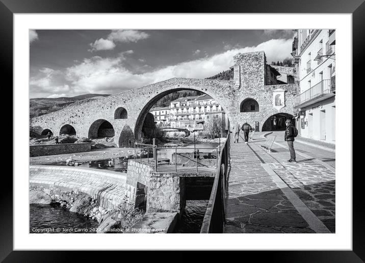 Panoramic of the bridge New of Camprodon - Black and White Editi Framed Mounted Print by Jordi Carrio
