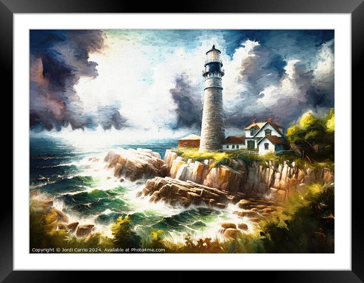 Rough sea at the lighthouse - GIA-2309-1081-OIL Framed Mounted Print by Jordi Carrio
