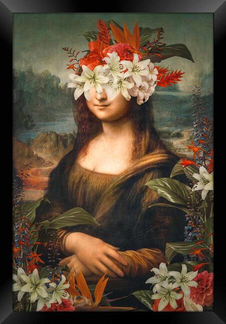 Abstract art collage of Leonardo da Vinci Portrait of Mona Lisa del Giocondo and flowers Framed Print by Svetlana Radayeva
