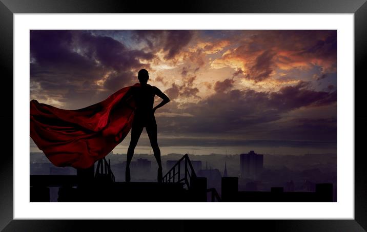 Portrait of young hero woman with super person red Framed Mounted Print by Svetlana Radayeva