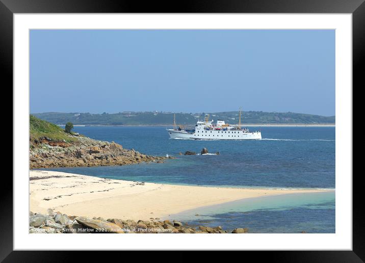 The Scillonian arriving in the Isles of Scilly past the headland Framed Mounted Print by Simon Marlow