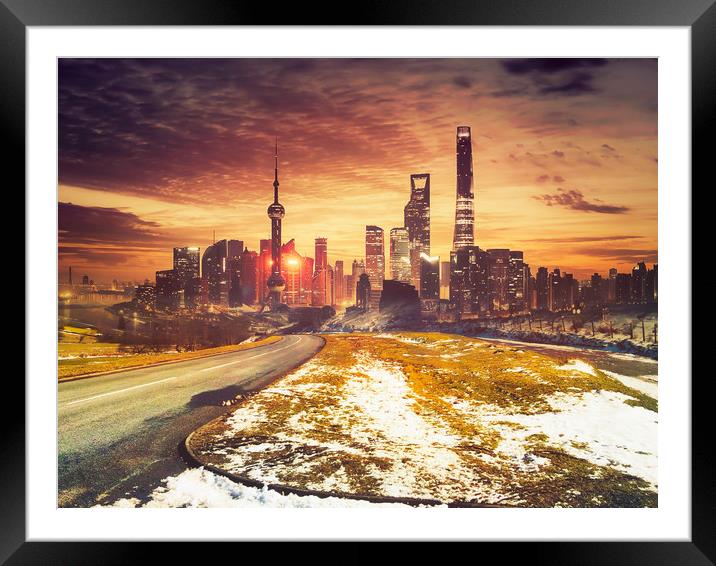 The road to the futuristic city Framed Mounted Print by Simon Marlow