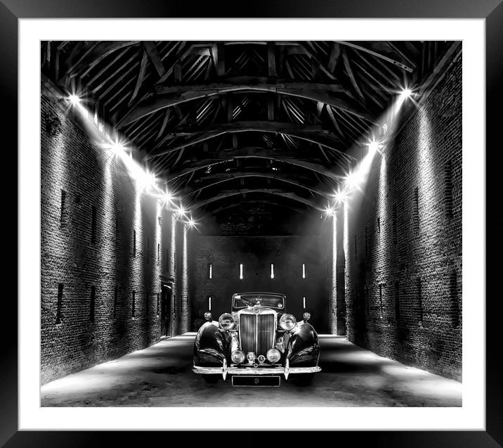 Classic MG lit up in a barn Framed Mounted Print by Simon Marlow