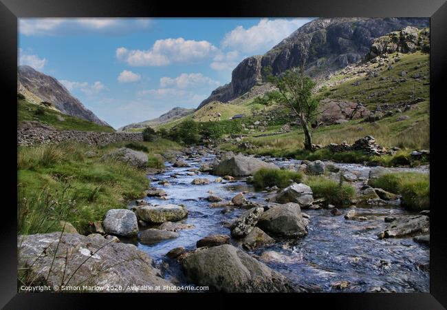 Looking up the river at Capel Curig, Snowdonia Framed Print by Simon Marlow