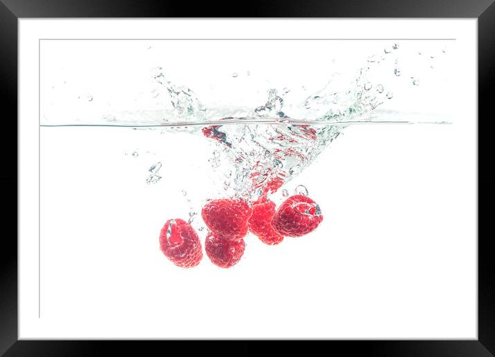 Raspberries splashing in water on white Framed Mounted Print by Przemek Iciak