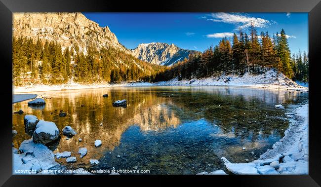 Peaceful mountain panorama view with famous green lake in Austria Styria. Tourist destination lake Gruner See in winter. Framed Print by Przemek Iciak