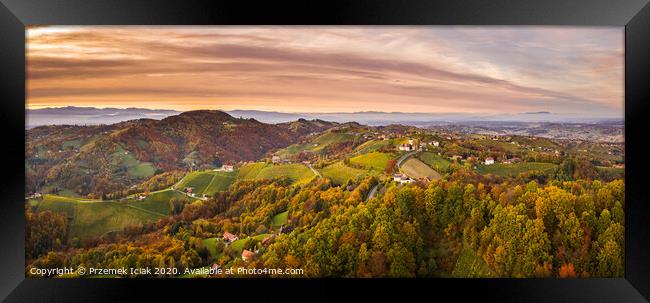 Aerial panorama of Vineyard on an Austrian countryside with a church in the background Framed Print by Przemek Iciak