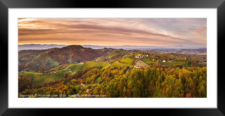 Aerial panorama of Vineyard on an Austrian countryside with a church in the background Framed Mounted Print by Przemek Iciak