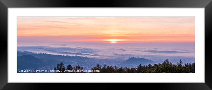 Panorama of Graz city covered if fog on autumn morning during sunraise. Framed Mounted Print by Przemek Iciak
