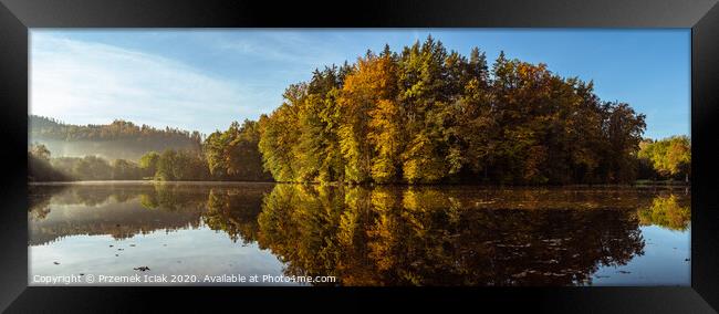 Lake fog landscape with Autumn foliage and tree reflections in Styria, Thal, Austria Framed Print by Przemek Iciak