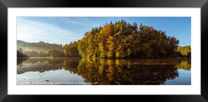 Lake fog landscape with Autumn foliage and tree reflections in Styria, Thal, Austria Framed Mounted Print by Przemek Iciak