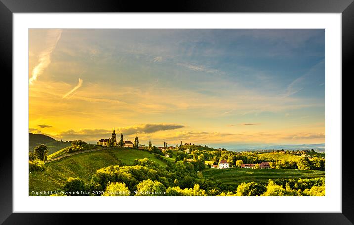 Autumn Landscape panorama of vineyard on an Austrian countryside during sunset in Kitzeck im Sausal Framed Mounted Print by Przemek Iciak