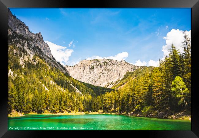 Gruner See, Austria Peaceful mountain view with famous green lake in Styria. Turquoise green color of water. Travel destination Framed Print by Przemek Iciak