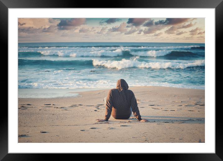  shot of a male in a black jacket on the beach Framed Mounted Print by federico stevanin
