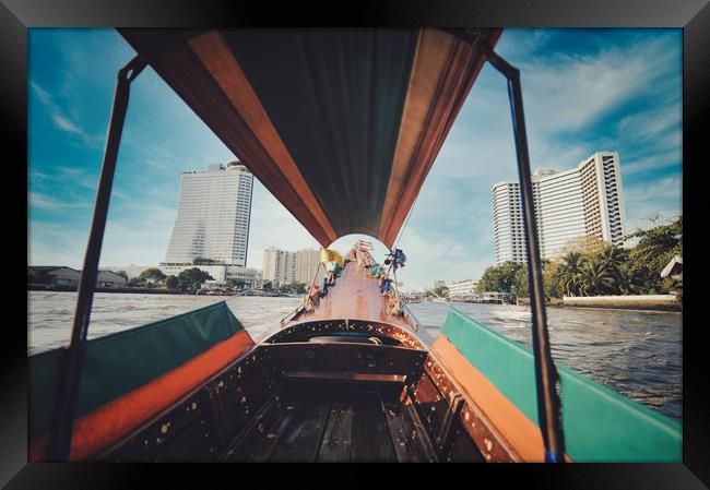 long tail boat on Chao Phraya river in Bangkok Framed Print by federico stevanin