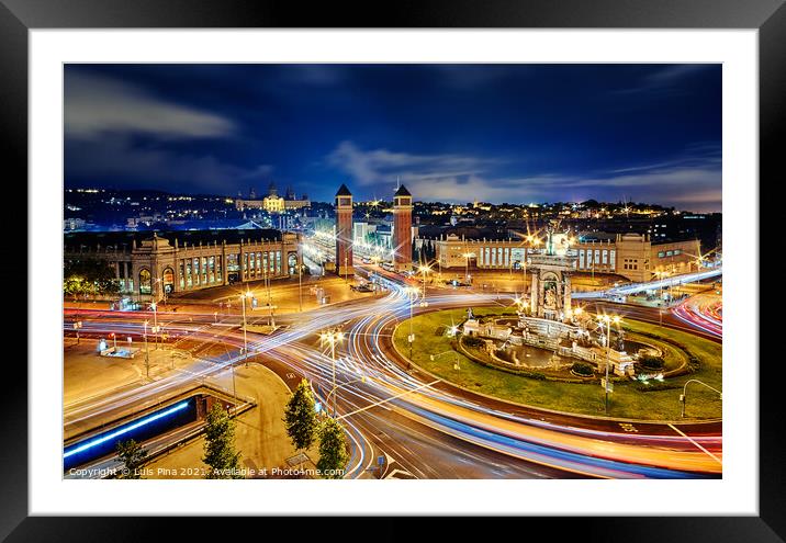Placa d'Espanya at night in Barcelona, in Spain Framed Mounted Print by Luis Pina