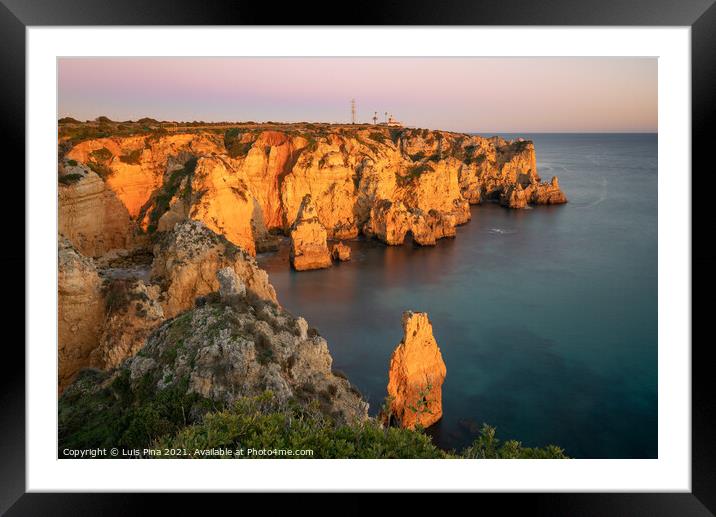 Ponta da Piedade farol Lighthouse in Lagos at sunset, in Portugal Framed Mounted Print by Luis Pina