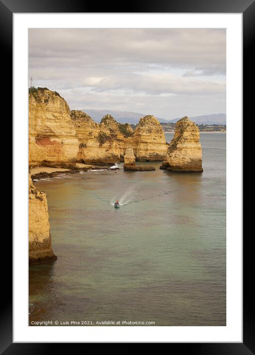 Ponta da Piedade and a boat in Lagos, in Portugal Framed Mounted Print by Luis Pina