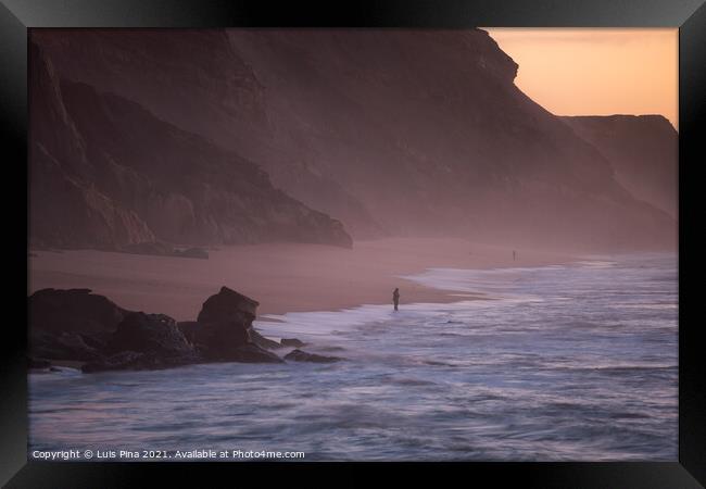 Fishermen in Santa Cruz beach at sunset, in Portugal Framed Print by Luis Pina