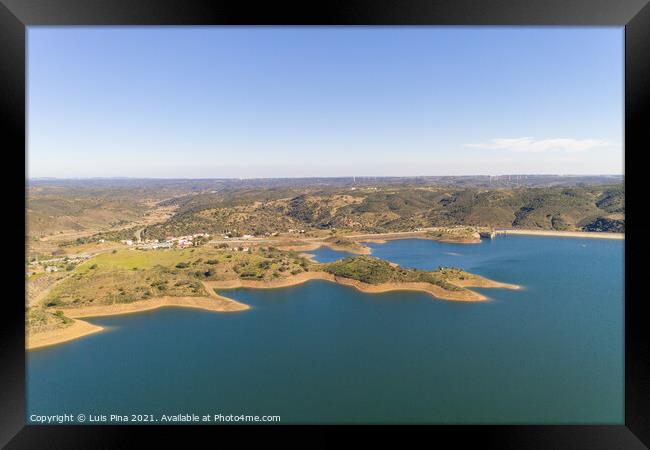 Aerial drone view of Barragem de Odeleite Dam reservoir in Alentejo, Portugal Framed Print by Luis Pina